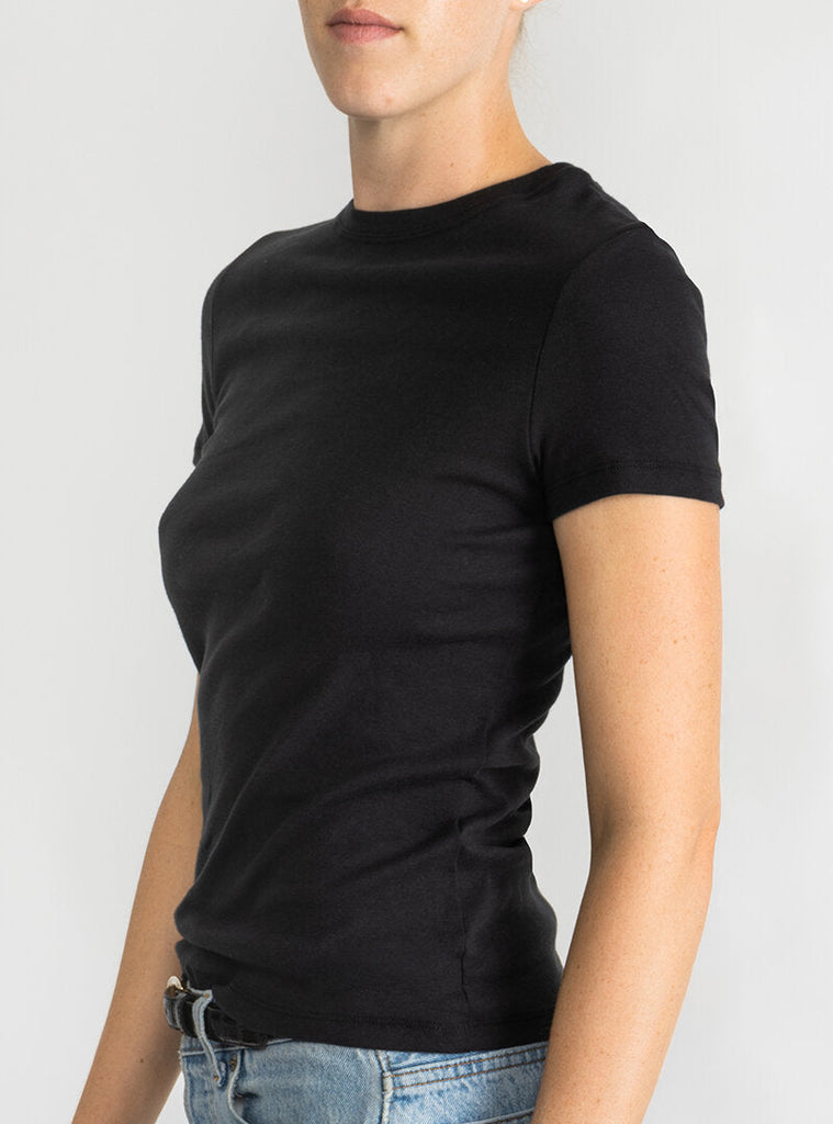 best fitting top rated women's black short sleeved tee made in usa 100% cotton