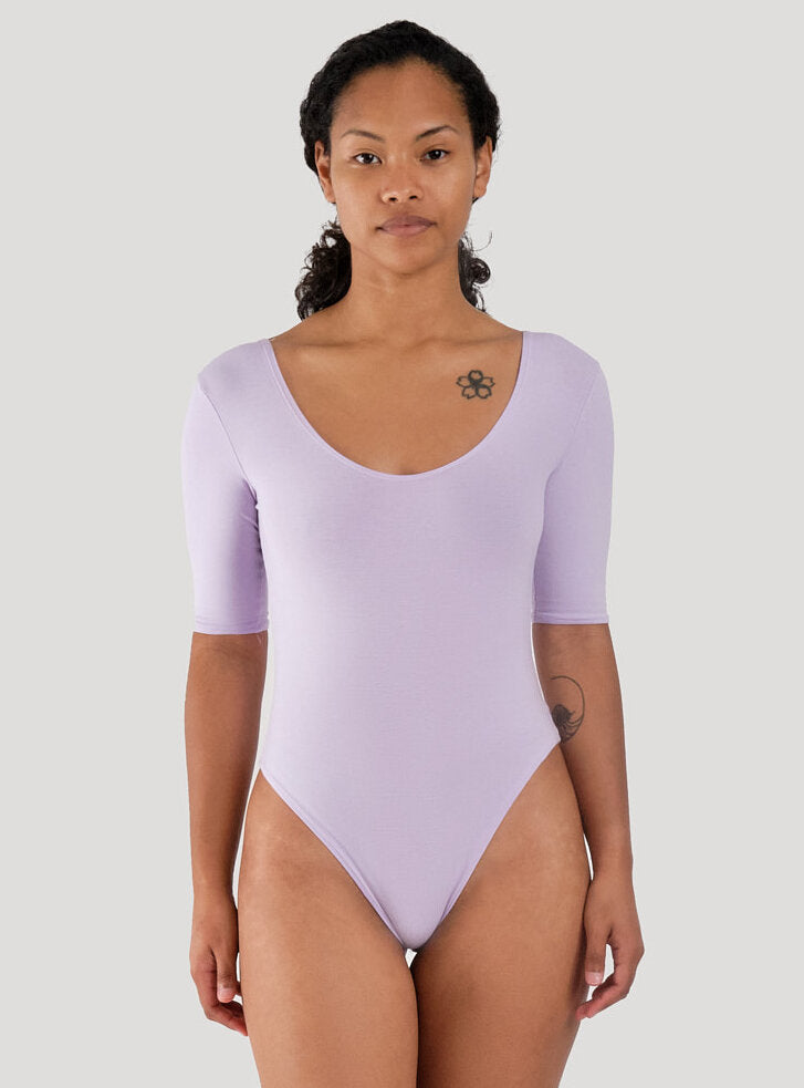 ballet style bodysuit lavender mid sleeve length with easy snap closure