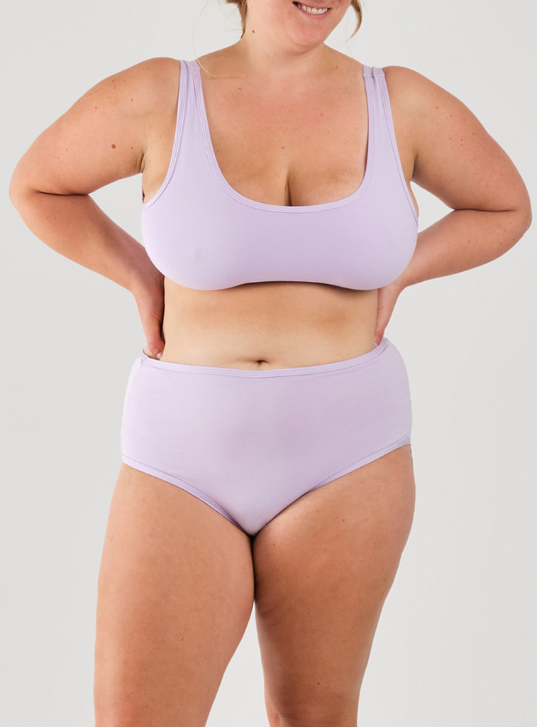 Thicker straps, an extra layer of USA-grown Supima cotton in the front, and a one-inch elastic band below the bust women's bra support and coverage in lilac