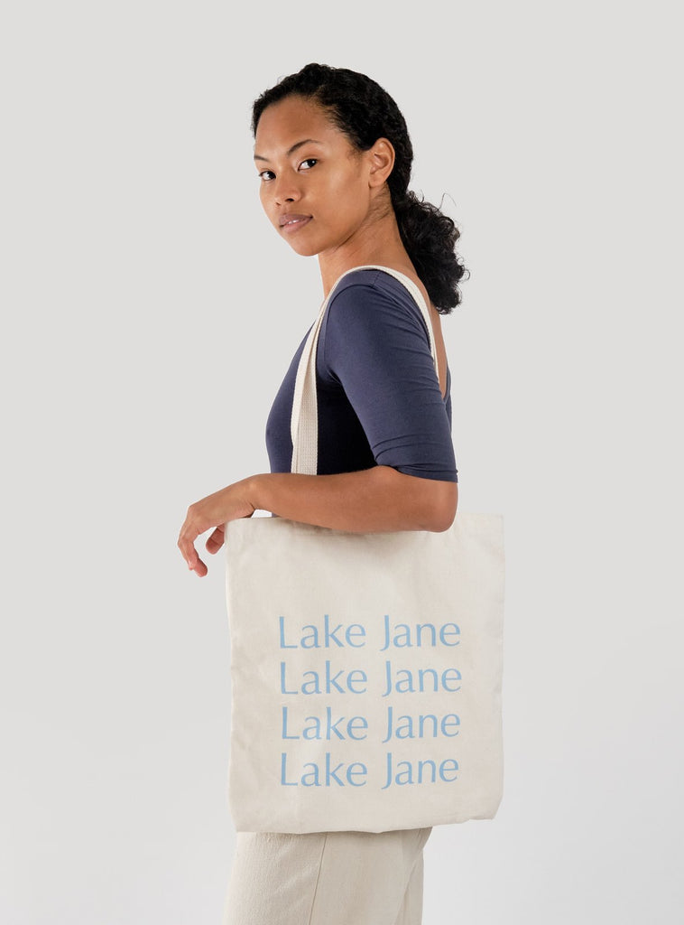 Perfect carry all recycled cotton tote bag with Lake Jane logo in light blue