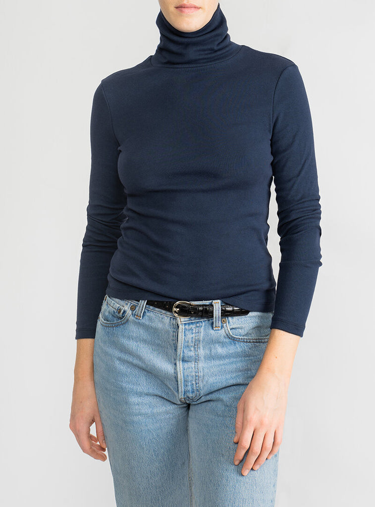 long sleeve navy blue women's ribbed cotton turtleneck