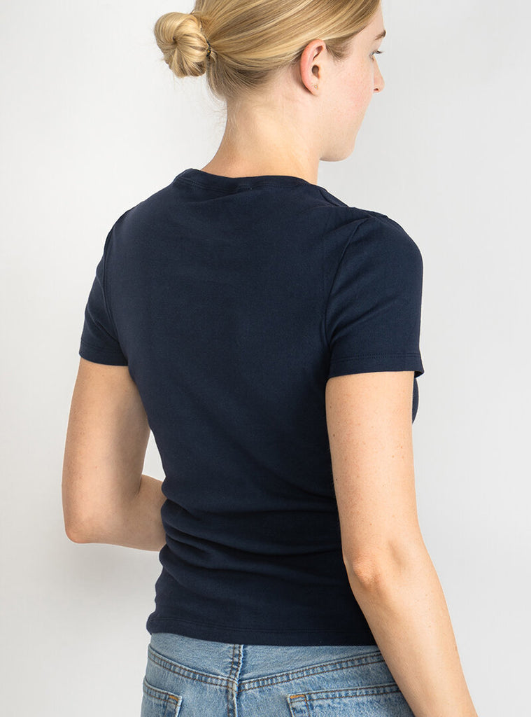 classic vintage style 100% cotton t-shirt in navy blue made in usa